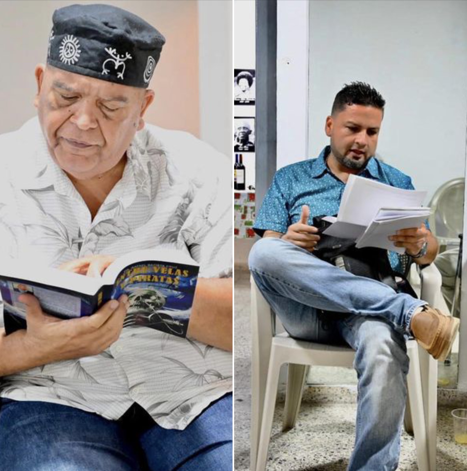 Rafael Batista (izquierda) y Ebrahim Narváez (derecha) escritores y miembros de PEN de Puerto Rico Internacional, leen sus escritos durante la fiesta.